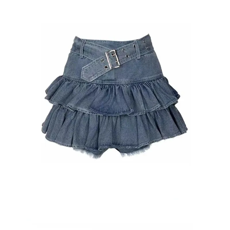 Y2K Vintage Women Korean Pleated Belted Short Denim Mini Skirt Grunge Streetwear High Waist Jeans A-line Denim Skirt Alt Clothes