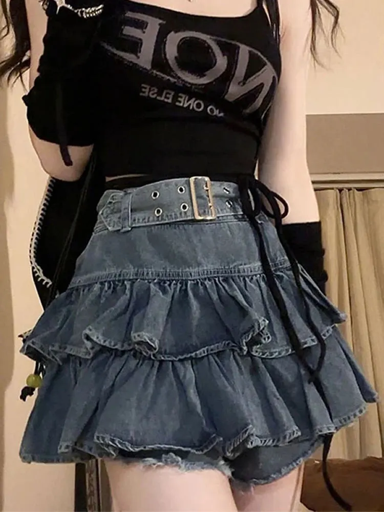 Y2K Vintage Women Korean Pleated Belted Short Denim Mini Skirt Grunge Streetwear High Waist Jeans A-line Denim Skirt Alt Clothes