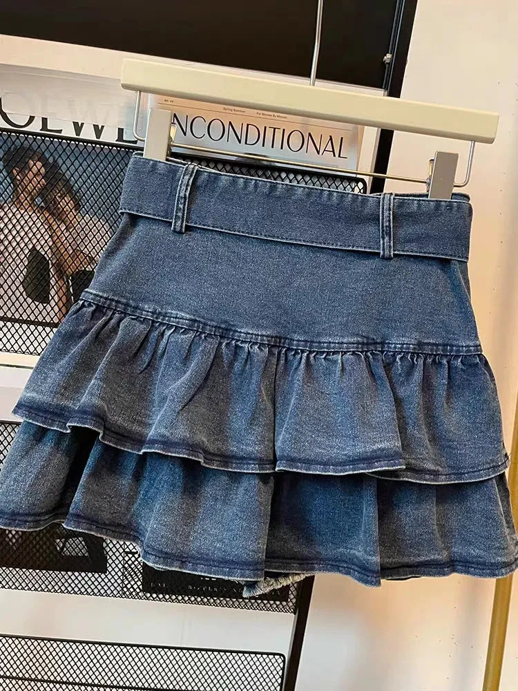 Y2K Vintage Women Korean Pleated Belted Short Denim Mini Skirt Grunge Streetwear High Waist Jeans A-line Denim Skirt Alt Clothes